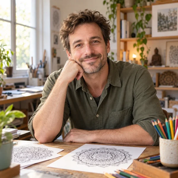 Portrait of the Patrick studio character at a drawing desk